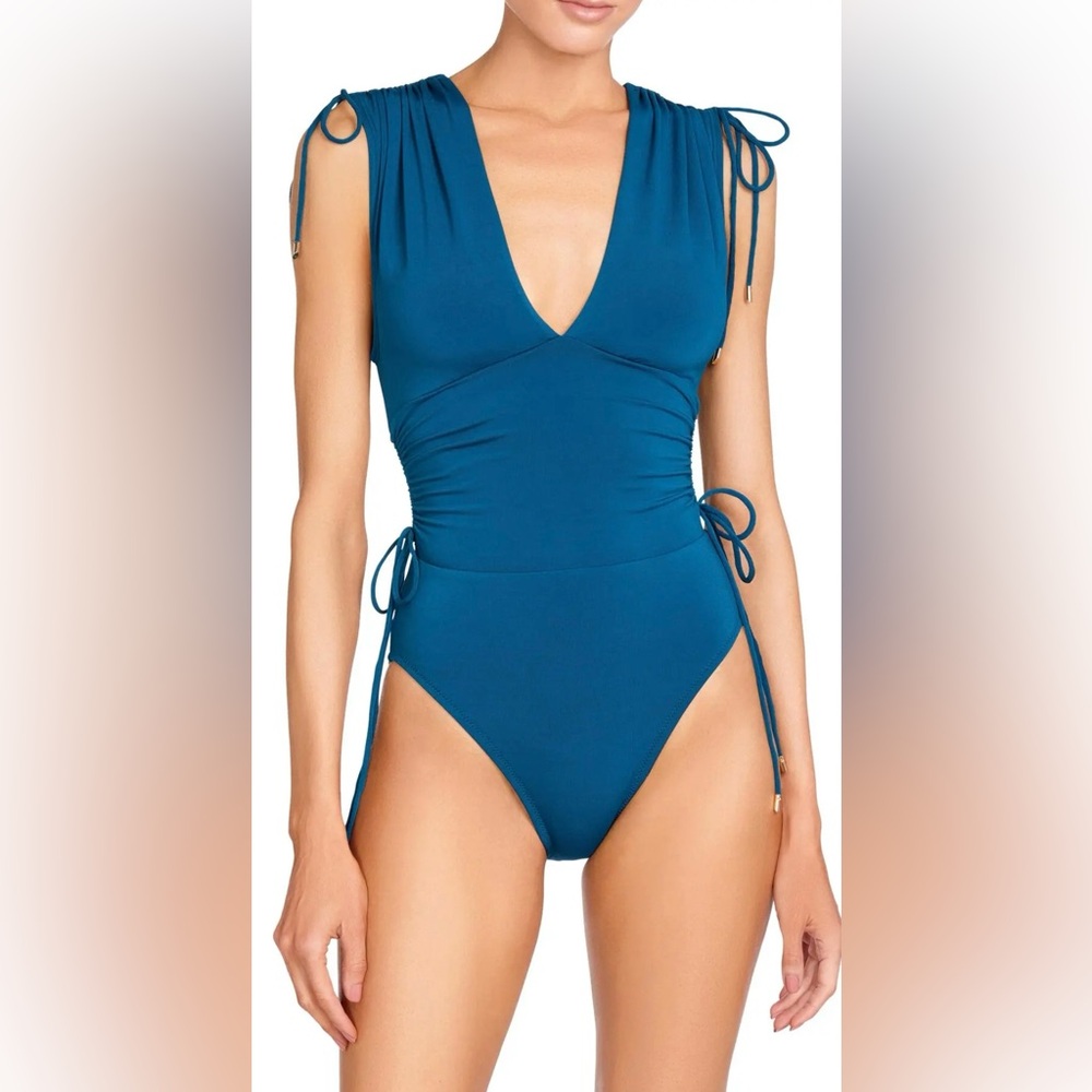 Robin Piccone Aubrey V-Neck One-Piece Swimsuit - Blueberry Size 8.